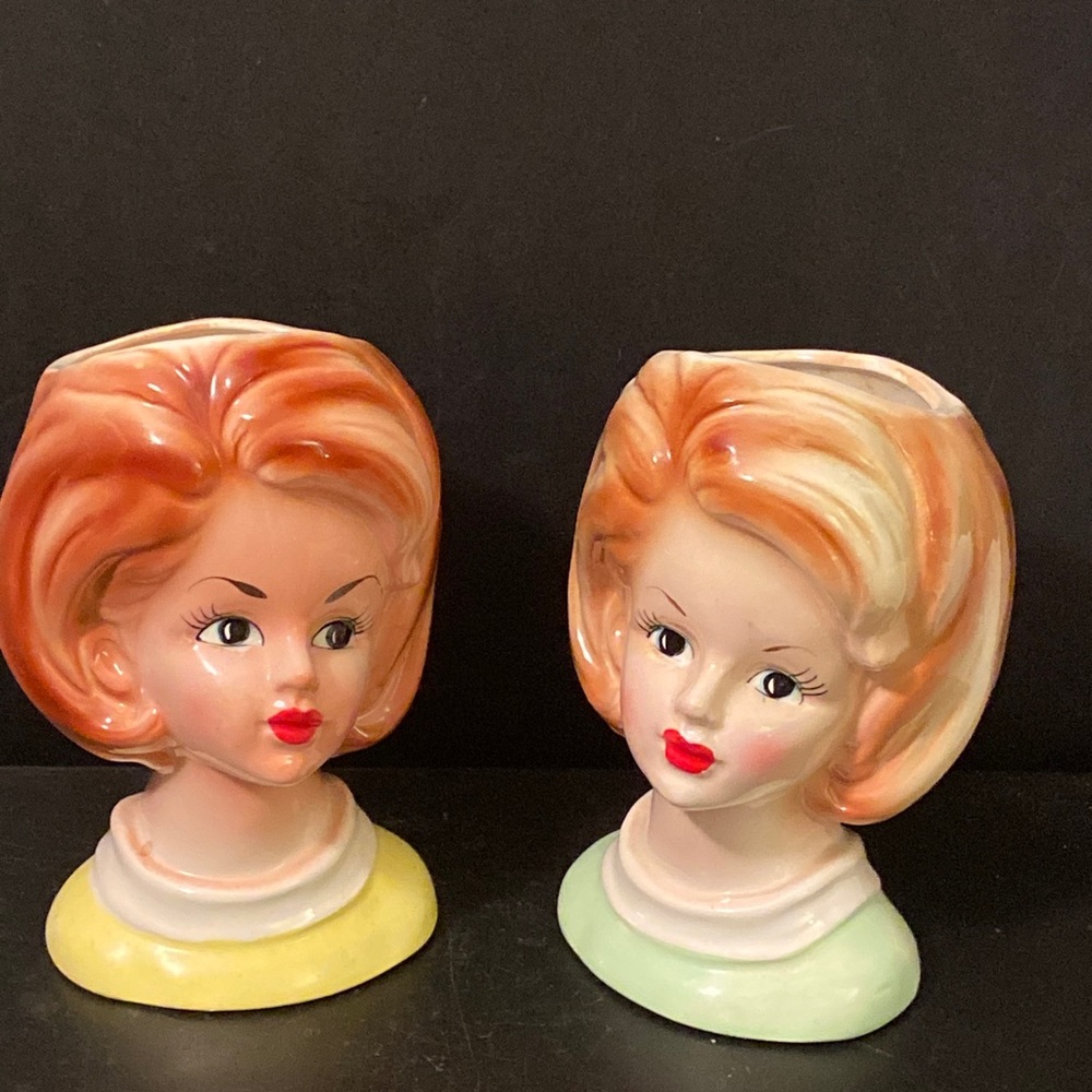 Nancy Pew High-gloss Napco Japan #3397 2 Pcs Porcelain Young Lady Head Vases - Picture 7 of 8